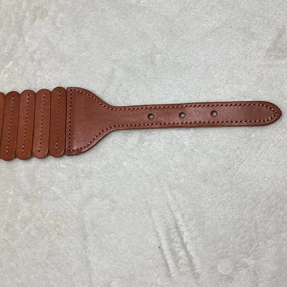 Anthropologie Cognac Brown Leather Wide Segmented Waist Cinch Belt XS Brass Buck - Picture 6 of 8